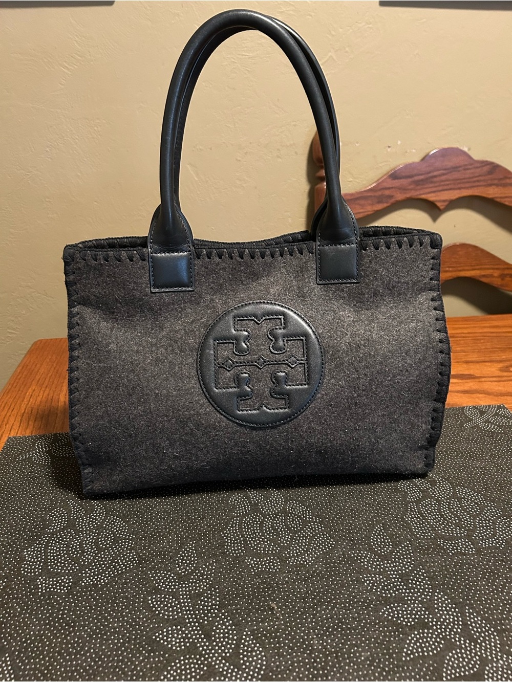 Tory Burch Black Felt Tote with Leather Trim